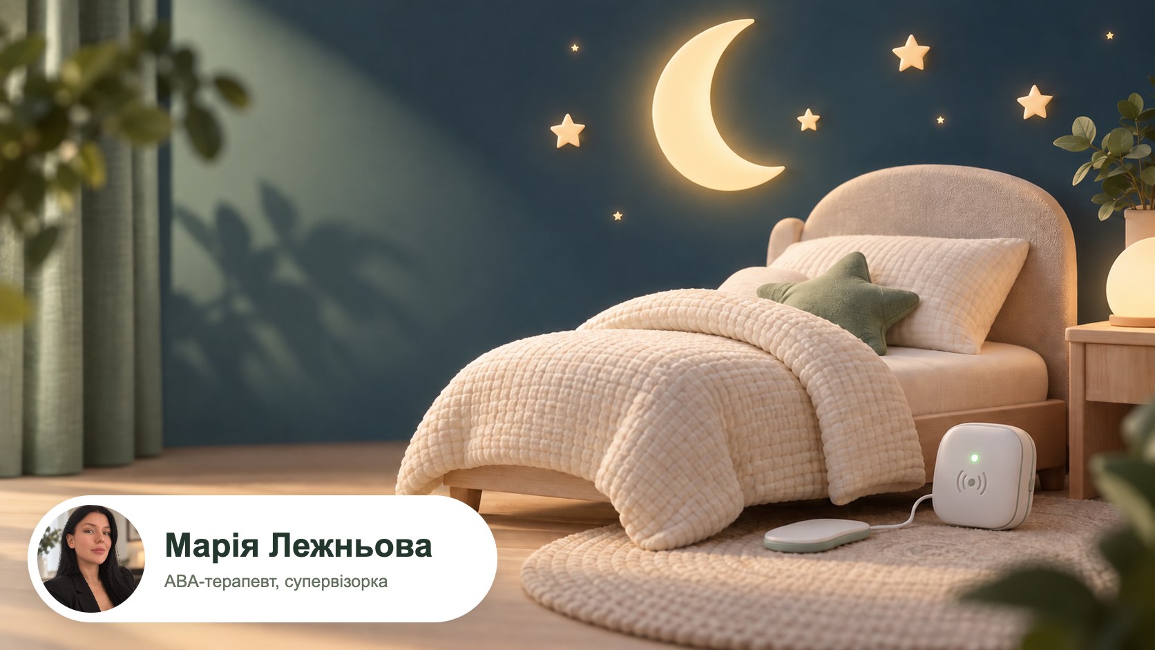 Нічний енурез — дитяче ліжко, енурезний будильник і портрет авторки Марії Лежньової